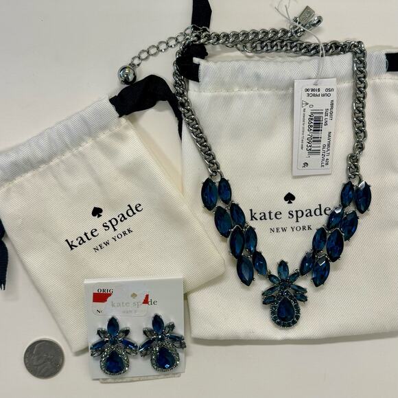 NWT Kate Spade Glitzville Lot Statement Necklace and Earrings Navy Blue regency - Picture 1 of 16